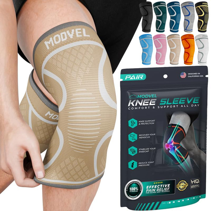 Modvel 2 Pack Knee Brace for Women & Men - Workout Knees Compression Sleeve for Knee Pain Relief Joint Support for ACL, Arthritis, Meniscus Tear Knees Brace for Sports, Rodilleras para Gym Fitness