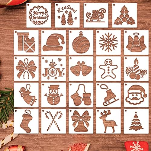 24 Pcs Christmas Stencils for Painting On Wood, Small Reusable Snowflake Santa Claus Christmas Tree Drawing Painting Stencils for DIY Card Craft Home Decor (3x3 Inch)