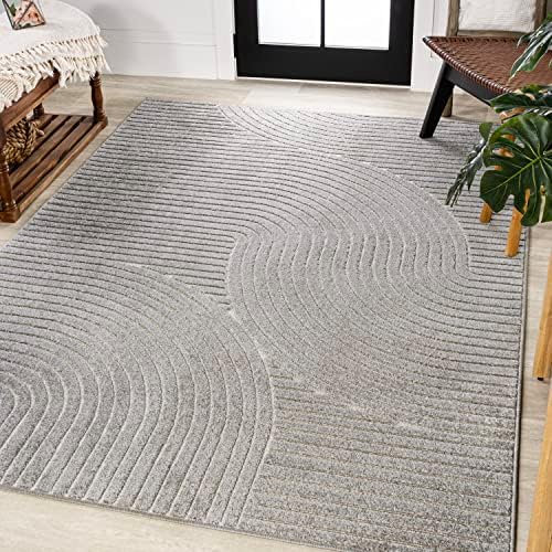 JONATHAN Y Hallie High-Low Curve Gray/Ivory Indoor/Outdoor Area Rug, 8x10, Minimalist, Pet Friendly, Non-Shedding, Stain Resistant, Hose-Washable for Backyard, Patio, Porch (SCN100A-8)