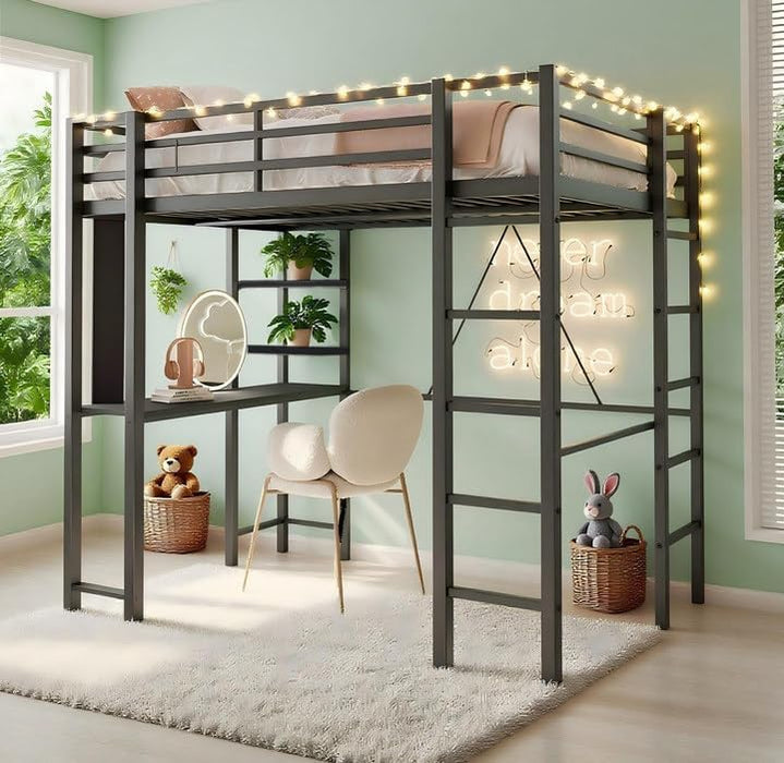 SUNLEI Loft Bed with Desk, Metal Loft Bed Twin Size with 2 Built-in Ladders, with Safety Guard,Space-Saving Bed Frame, Noise Free for Small Bedroom, Black (Twin Size)