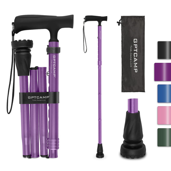 GPTCAMP G2 Walking Stick, Fold-up Walking Cane for Women and Men with Wrist Strap, Portable, Foldable, Collapsible, Lightweight and Sturdy with Comfortable T Handle