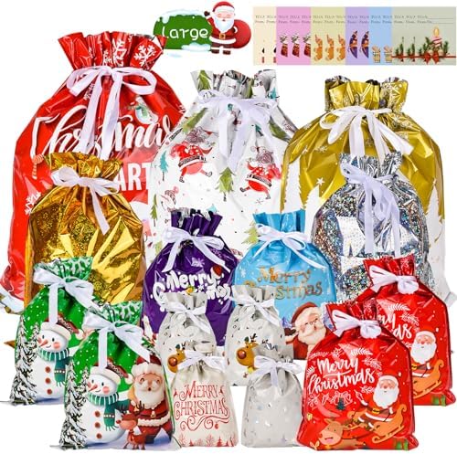 Christmas Drawstring Gift Bags, 15 PCS Xmas Gift Bags with 15 Tags 7 Design 5 Size Large or Small Wrapping Bags, Reusable Christmas Goody Bags Xmas Tie Bags for Party, Presents, Holiday Decorations