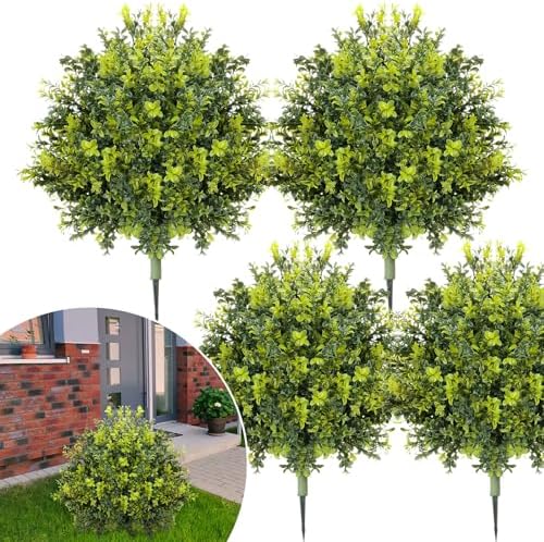 4 Pack Artificial Boxwood Topiary Ball 24'' Faux Boxwood Tree with Ground Spike UV Resistant Evergreen Bush Fake Outdoor Plants for Front Door Porch Garden Yard Wedding Indoor Decor