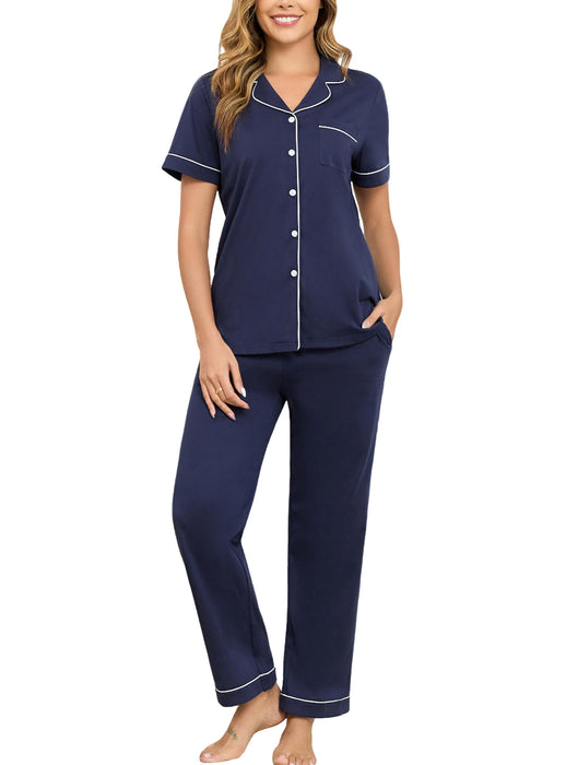 Veseacky 100% Cotton Pajamas for Women Set Short Sleeve Top with Pants Button Down Sleepwear Soft 2 Piece Pjs Lounge Sets (Navy,XL)