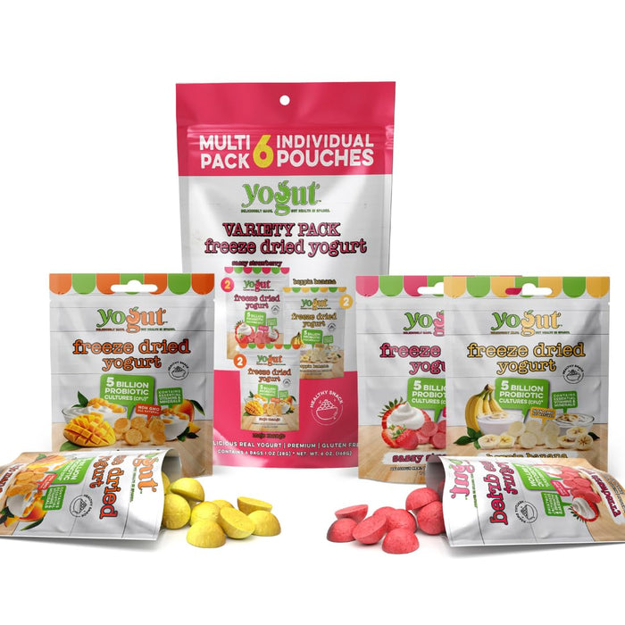 YoGut Freeze Dried Yogurt Snack, Variety Pack, 6 Pack, Healthy Snacks for Kids, Toddlers & Adults, Gluten Free, Non GMO, With 5 Billion Live Probiotics, Vitamins & Minerals, Individual Snack Packs