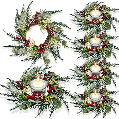 6 Pcs 8" Small Christmas Wreaths with Artificial Red Berries Snowy Pine Needles Garland - Mini Candle Rings, Christmas Wedding/Home Table Centerpieces, for Kitchen Cabinets/Windows/Front Door Pillars