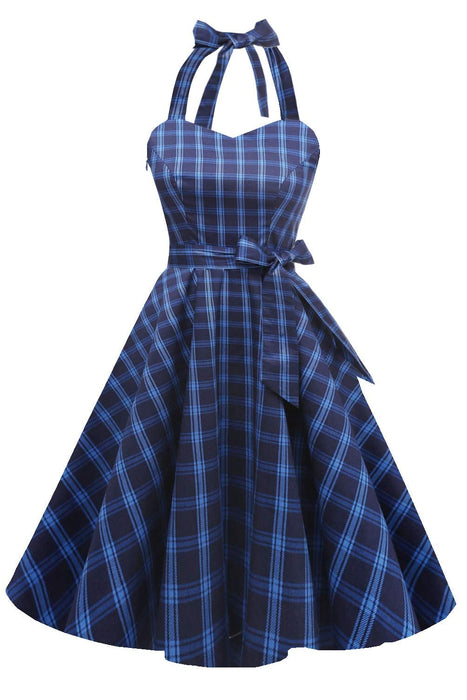 Topdress Women's Vintage Polka Audrey Dress 1950s Halter Retro Cocktail Dress Blue Plaid XL