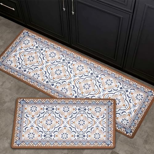 FRESHMINT Anti Fatigue Kitchen Mats for Floor 2 Piece Set, Waterproof & Non-Skid Moroccan Tile Kitchen Rugs, Cushioned Kitchen Mat for Standing Washable Comfort Desk Kitchen Runners, 17x30+17x47