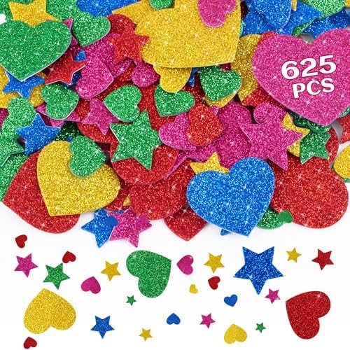 625Pcs Foam Stickers,Glitter Heart Stickers Colorful Self Adhesive Mini Star Heart Shapes Sticker,Foam Sticker for Crafts Supplies Envelopes Home Decor Valentine's Day Christmas(625, Colorful)
