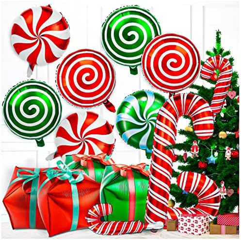 32Pcs Christmas Balloons Kit, Candy Cane Foil Balloons with Ribbons, Red Green Mylar Balloon for Party Decorations