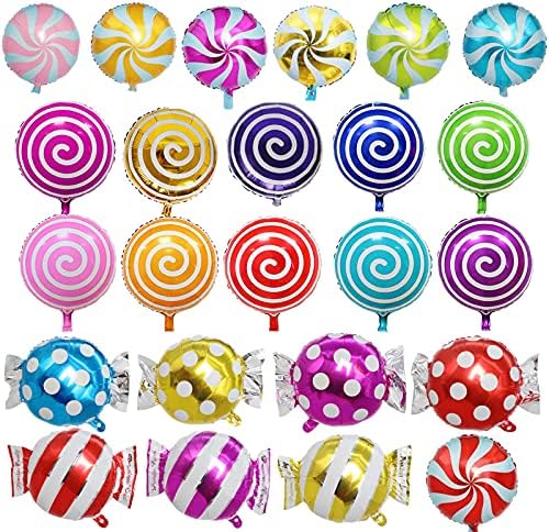 24Pcs Mylar Foil Sweet Candy Balloons 18 Inch Round Lollipop Balloons for Birthday Baby Wedding Christmas Party Balloons Party Decoration Supplies