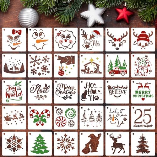 3inch Christmas Stencils for Painting on Wood Small Christmas Stencils for Crafts Reusable Xmas Holiday Stencil for Christmas Tree Tiered Tray Decor