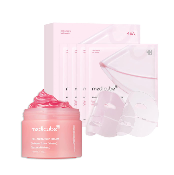 medicube Pink Glass Glow Duo for Uneven skin - Collagen Jelly Cream 110ml- Niacinamide & Freeze-Dried Hydrolyzed Collagen + Salmon DNA PDRN pink collagen jelly gel mask (4ea)