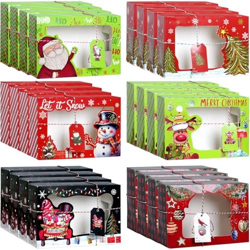 24 Pcs Christmas Cookie Boxes 8.7"x 6"x 2.7" Christmas Bakery Treat Box With Window Tag and Ribbons Goodie Candy Cookie Containers Kraft Paper Cookie Tins for Winter Holiday Xmas Party Gift Giving