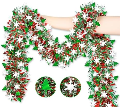 50 FT Christmas Decorations Tinsel Garland with Snowflake Christmas Tree, Red Green Silver Shiny Metallic Twist Christmas Garland for Home Tree Mantle Stairs Indoor Outdoor Holiday Xmas Party Decor