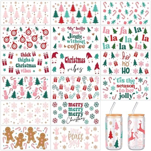 18 Sheets Christmas DTF Cup Wrap Transfer Sticker Halloween Glass Stickers for Cups Deer Xmas Tree Waterproof Rub on Transfers Gingerbread Man Mug Sticker Decal for Crafting DIY(Xmas Tree)