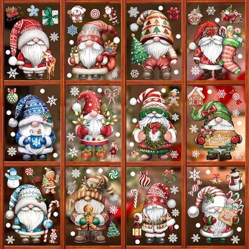 12 Sheets Christmas Window Clings, Xmas Gnome Candy Decals Stickers, Removable Holiday Decorations for Glass Windows, Home Office Decor