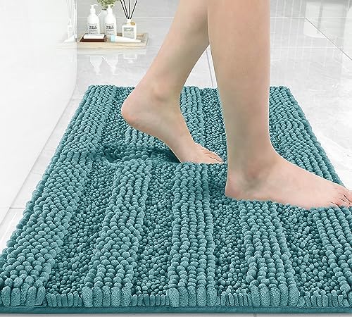 Yimobra Bathroom Rug Mat 32 x 20, Non Slip and Super Absorbent Bath Mat,Machine Washable Quick Dry,Ultra Plush Chenille Shower Rugs for Bathroom Floor Sink Tub and Shower Outside,Teal Blue