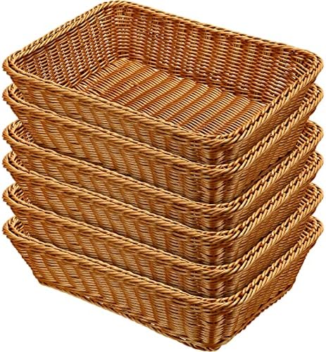 6 Pcs 17.7 Inch Poly Wicker Bread Basket Woven Bread Baskets Rattan Fruit Tabletop Food Basket for Vegetables Restaurant Kitchen Serving Display