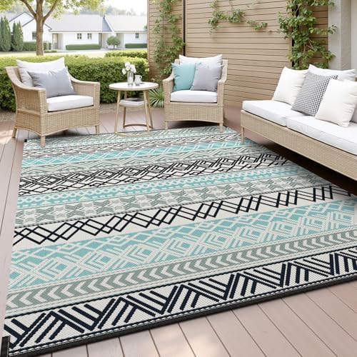 MontVoo Outdoor Rug Carpet 8x10 Waterproof-Patio Rug Mat Reversible RV Camping Rug Picnic Mat Plastic Straw Outside Rug for Balcony Porch Deck Beach-Boho Outdoor Area Rug for Patio Decor Colorful