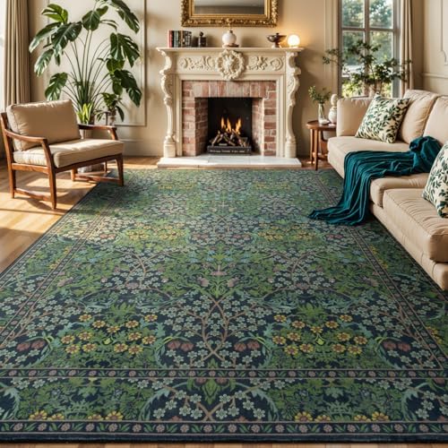 Lessymo Floral Living Room Rug 8x10 Area Rugs, Vintage Forest Washable Rugs for Dining Room Bedroom, Low Pile Non Slip Rubber Green Mat, Distressed Retro Indoor Boho Carpet, Forest Green