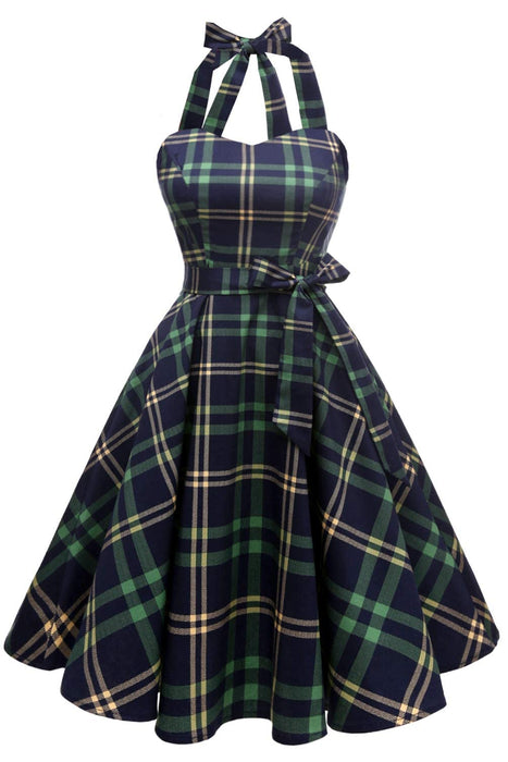 Topdress Women's Vintage Polka Audrey Dress 1950s Halter Retro Cocktail Dress Green Plaid 3XL