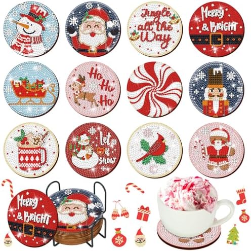 12 Pcs Christmas Diamond Painting Coasters Kits with Holder Diamond Art Christmas Coaster for Adults DIY Art and Craft Supplies(Santa Claus)
