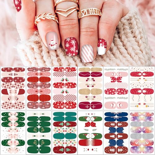 12 Sheets Christmas Nail Wraps Full Stickers Nail Polish Strips, DIY Self-Adhesive Nail Art Glitter Decals Santa Claus Xmas Hat Reindeer Snow Pattern Party Decor with 2 Pcs Nail Files (168 Pieces)