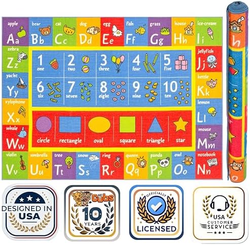 KC Cubs: Educational Rug: ABC Alphabet, Numbers & Shapes - 8x10' Playmat - Interactive Play, Activity Area Carpet, Bedroom-Classroom, Baby-Toddler-Kid