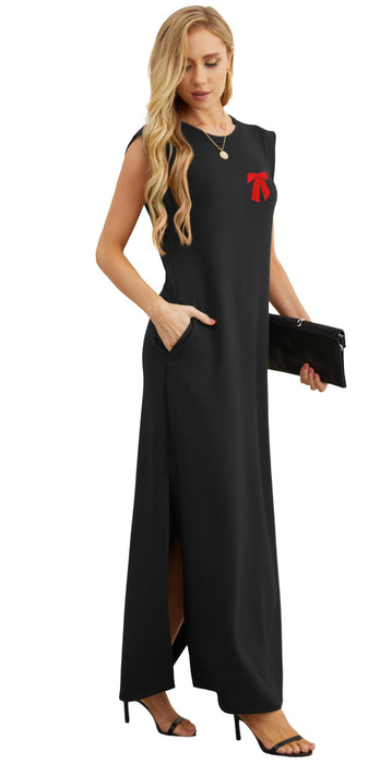 GRECERELLE Valentines Bow Dress for Women Petite Loose Split Casual Maxi Dress with Pockets (Black Red Bow, X-Small)