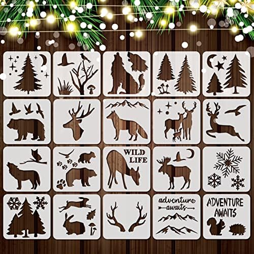 20 Pieces Forest Animal Stencils for Painting on Wood Reusable Wildlife Stencils Deer Bear Wolf Moose Drawing Templates for Winter Christmas Party Crafts Decor