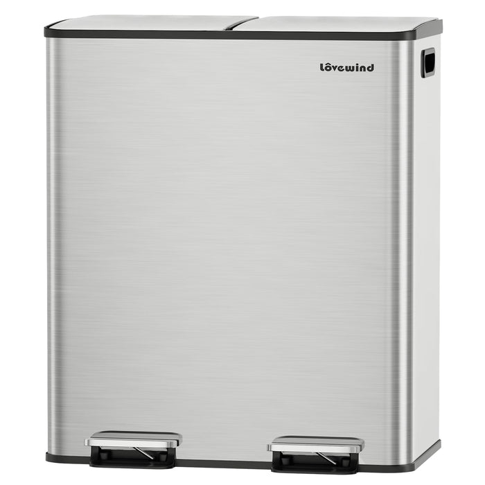 Lovewind Kitchen Trash Can, 2 x 8 Gallon (2 x 30 L) Stainless Steel Trash and Recycle Bin Combo with Soft-Close Lid, Dual Compartment Recycling Kitchen Step Trash Bin, Silver