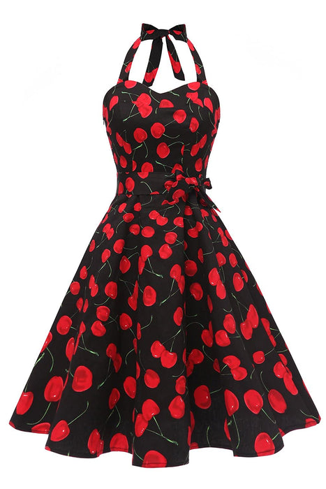 Topdress Women's Vintage Polka Audrey Dress 1950s Halter Retro Cocktail Dress Black Cheery S