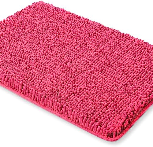 Yeaban Hot Pink Bathroom Rugs – Thick Chenille Bath Mats | Absorbent and Washable Bath Rug Non-Slip, Plush and Soft Rugs for Bathroom, Kitchen, Shower, Sink - 17" x 24"