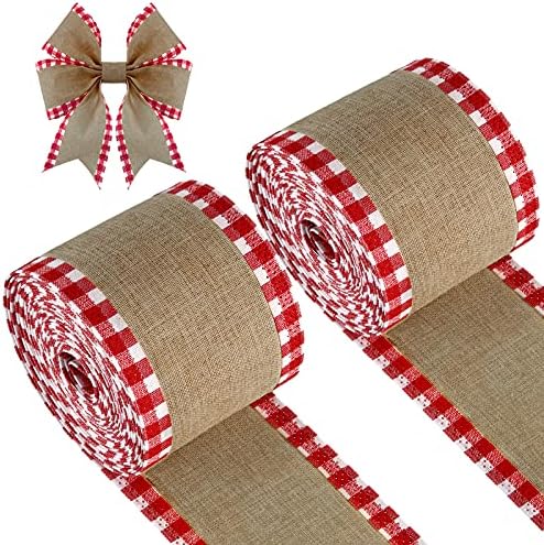 2 Rolls Christmas Buffalo Plaid Wired Edge Ribbons Christmas Tree Burlap Fabric Craft Wrapping Ribbon with Checkered Edge, 216 Inch(2.5 Inch Width,Red and White)