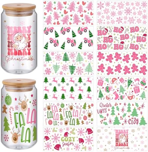 Lyrow 12 Sheets Christmas UV DTF Cup Wrap Transfer Sticker for Glass Xmas Rub on Transfers Decals for 16 oz Glass Cup Transfers for Furniture Waterproof Decals for Cups DIY Crafts(Bright)