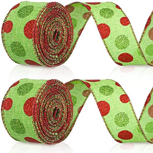 Tatuo 2 Rolls Wired Ribbon Christmas Tree Burlap Ribbon Green Red Glitter Polka Dot Sparkly Christmas Tree Decoration DIY Bows Wreath(1.5 Inch X 6 Yard Per Roll,Green Base)
