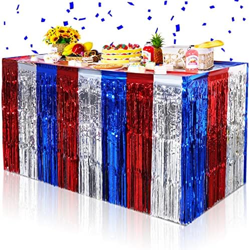 6 Pack 4th of July Table Skirt Decorations, Red Silver and Blue Patriotic Metallic Foil Fringe Tinsel Table Skirts, Fourth of July Table Decorations for Independence Memorial Veterans Day, 29x108 Inch