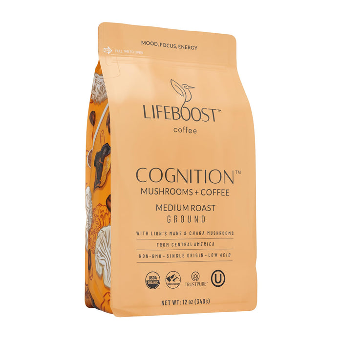 Lifeboost Cognition Adaptogenic Mushroom Coffee - Great Tasting Organic Lions Mane & Chaga Medium Roast Nootropic Coffee - Increase Energy, Boost Focus & Immune Support - 12 oz Bag - Ground