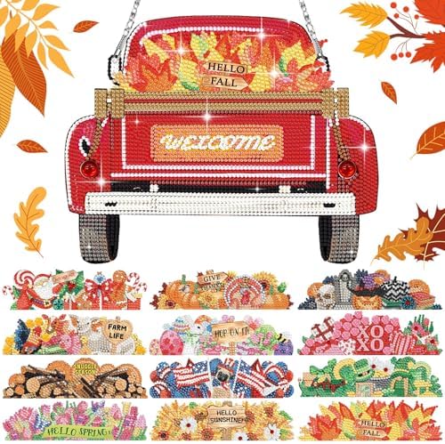 Menkxi 13 Pcs Seasonal Interchangeable Diamond Art Fall Halloween Thanksgiving Christmas Diamond Painting Kits Hanging Sign Seasonal Interchangeable Truck DIY Craft Decoration for Front Door(Red)
