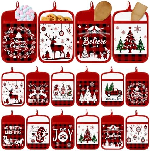 12 Pcs Christmas Pot Holders with Pocket Xmas Buffalo Plaid Pot Holders for Kitchen Winter Hot Pads Oven Mitt Cookie Bag Heat Resistant Farmhouse Oven Glove for Christmas Baking Cooking Gift