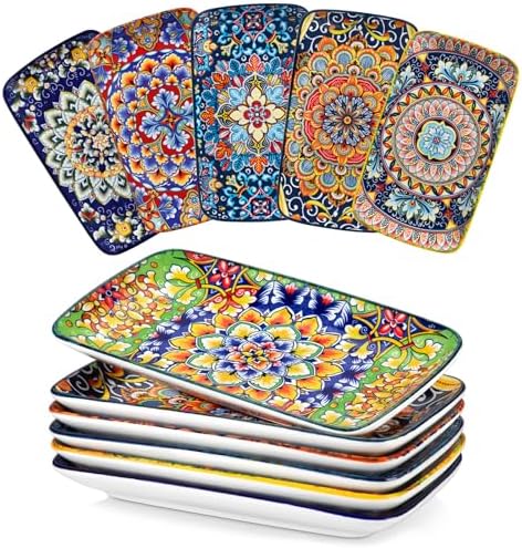 vancasso Simi 9.5 Inch Rectangular Dinner Plates Set of 6 - Bohemian Floral Design in 6 Vibrant Colors, Microwave & Dishwasher Safe Porcelain Plates for Salad, Appetizers, Entertaining