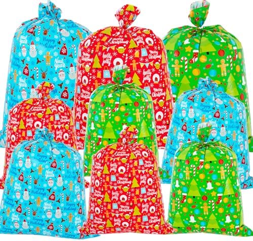 OuMuaMua 9 Pack Large Christmas Gift Bags - Xmas Jumbo Plastic Present Wrap Bags Reusable Party Favor Bags with Gift Tag Cards for Xmas Huge Gifts Decorations Holiday Gift Giving