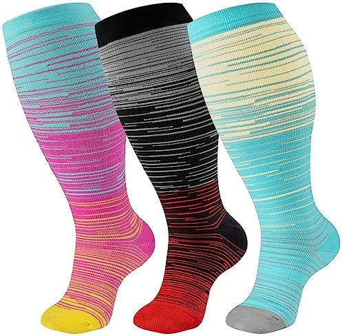 bropite 3 Pairs Plus Size Compression Socks Extra Wide Calf Women&Men 20-30mmHg Support Dancing Cycling Running Climbing