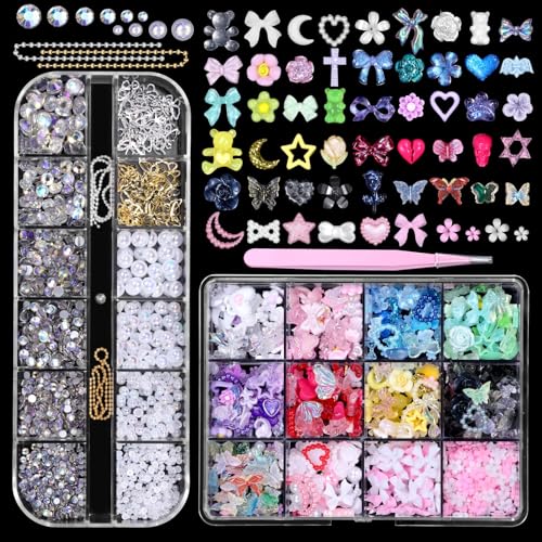 3D Nail Charms Set, Color Butterfly Blossom Flower Bow Moon Heart Star Nail Art Charms, Half Round Pearl+Flatback Gems AB+Hollow Butterfly Alloy Nail Charms DIY Nail Art Supplies Accessories