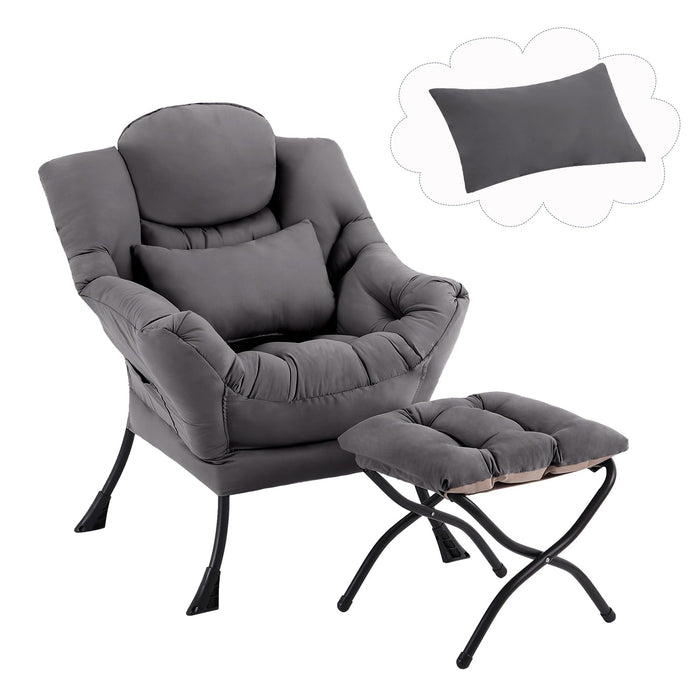 Furlide Lazy Chair with Ottoman, Comfy Fabric Accent Lounge Arm Chair with Lumbar Pillow and Folding Footrest, Reading Leisure Sofa Armchair for Bedroom, Living Room, Dorm,Dark Grey