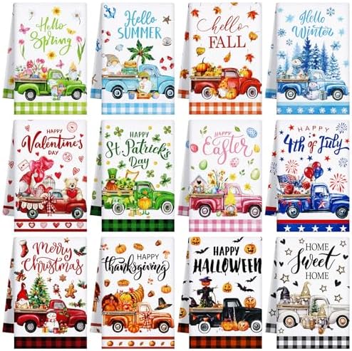 12 Pcs Seasonal Kitchen Towels Set for All Seasons Summer Fall Holiday Hand Dish Drying Tea Towels Cute Dishcloths Decorative Wash Cloths(Truck Style)
