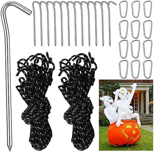 36 Pieces Inflatable Stakes and Tethers Replacement Tethers and Aluminum Metal Stakes Yard Inflatable Accessories with Hook for Fixing Halloween Christmas Decorations Inflatables Lawn Decor Tent