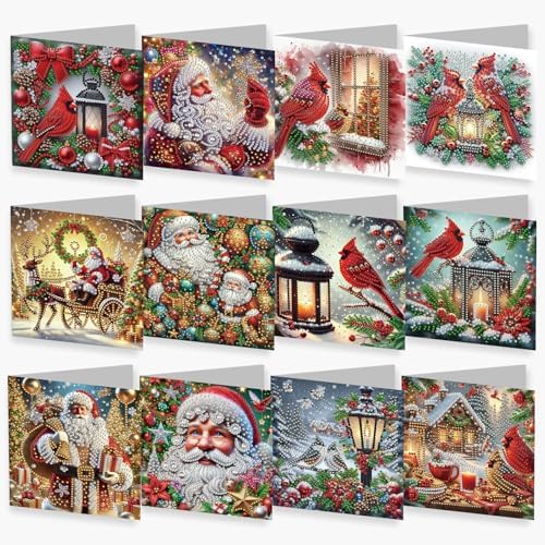 YOKUSHI 12 PCS Diamond Art Painting Christmas Greeting Cards with Envelopes, Snowman Craft DIY Card Making Kits for Adults Kids Gifts (Christmas)