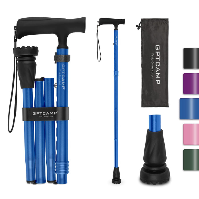 GPTCAMP G2 Walking Stick, Fold-up Walking Cane for Women and Men with Wrist Strap, Portable, Foldable, Collapsible, Lightweight and Sturdy with Comfortable T Handle